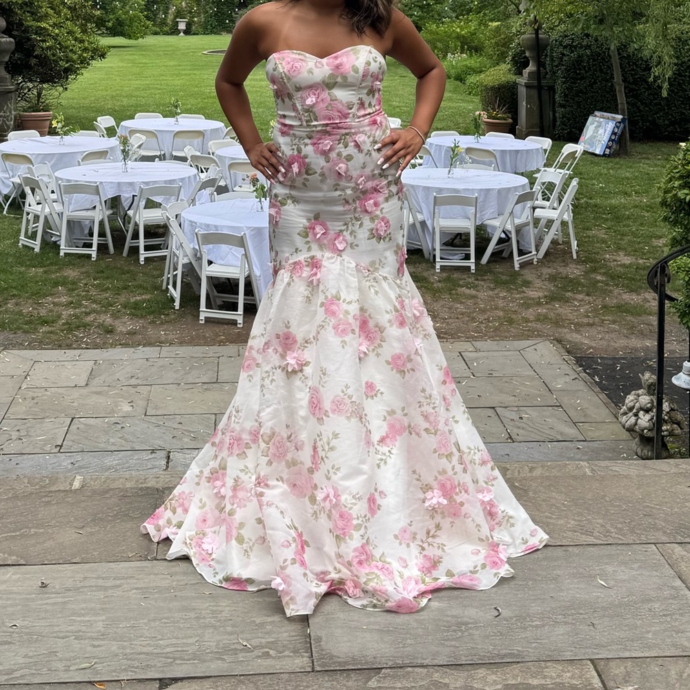 Strapless Lace-Up Floral Mermaid Formal